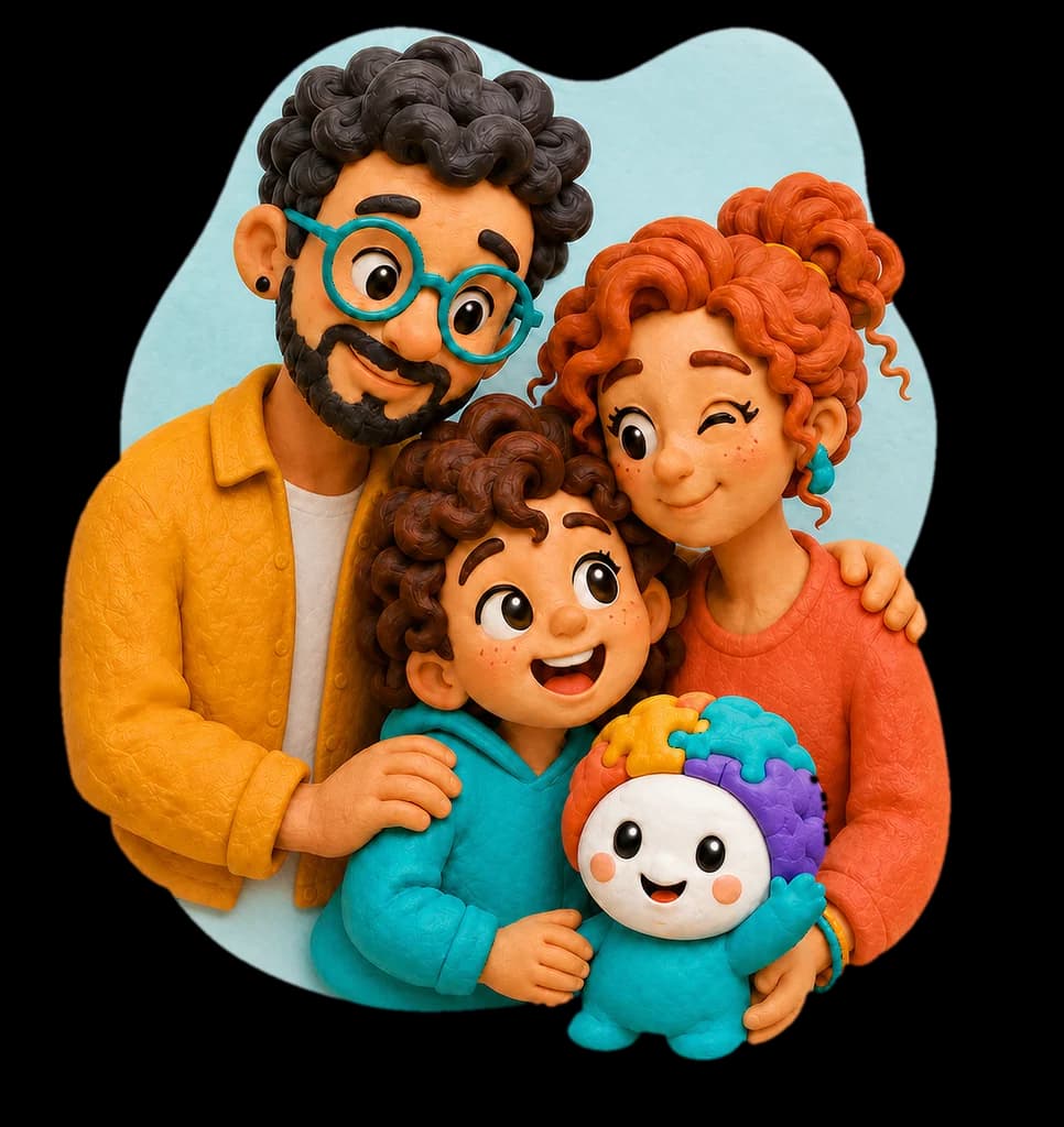 Pai, mãe e criança abraçados com o Sabidinho, o mascote do app